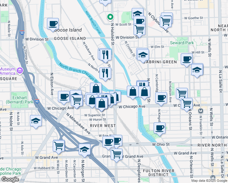 map of restaurants, bars, coffee shops, grocery stores, and more near North Halsted Street in Chicago