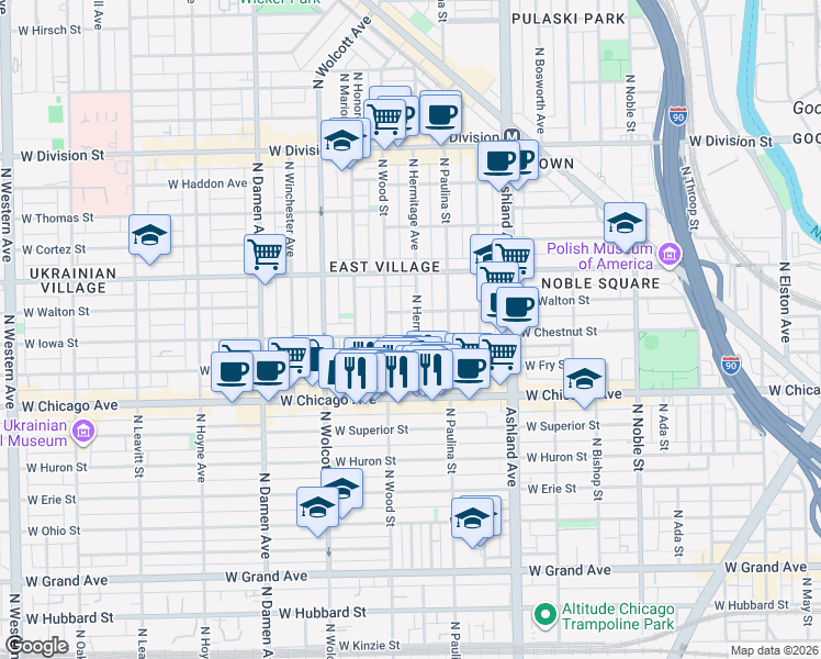 map of restaurants, bars, coffee shops, grocery stores, and more near 903 North Wood Street in Chicago