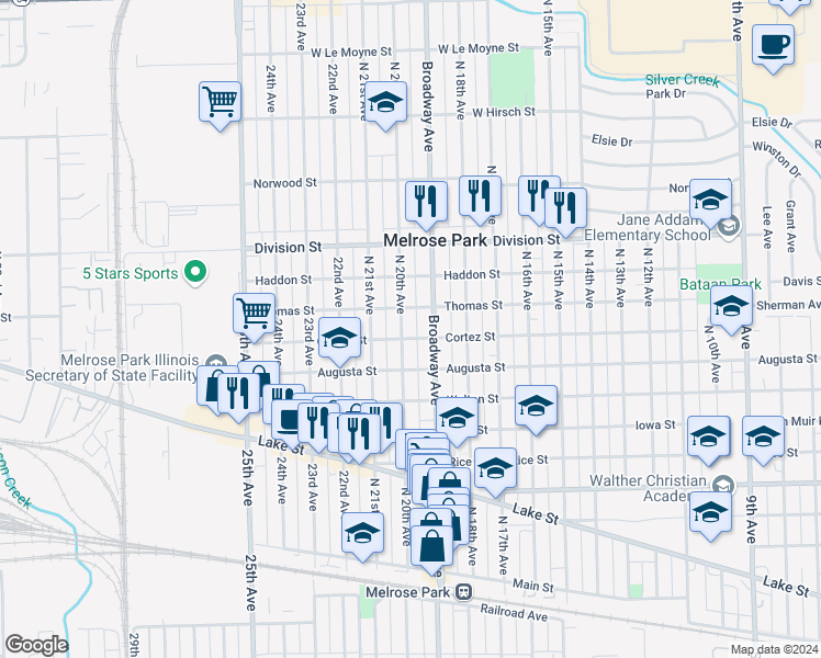 map of restaurants, bars, coffee shops, grocery stores, and more near 1207 North 20th Avenue in Melrose Park