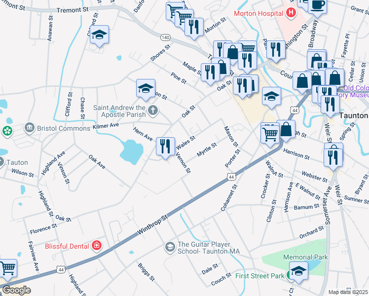map of restaurants, bars, coffee shops, grocery stores, and more near 72 Wales Street in Taunton