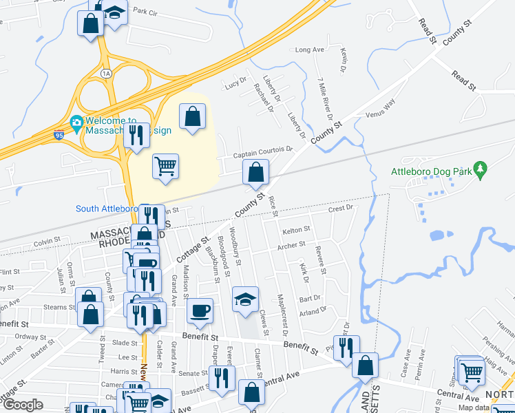 map of restaurants, bars, coffee shops, grocery stores, and more near 2101 County Street in Attleboro