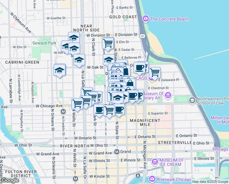 map of restaurants, bars, coffee shops, grocery stores, and more near 844 North State Street in Chicago