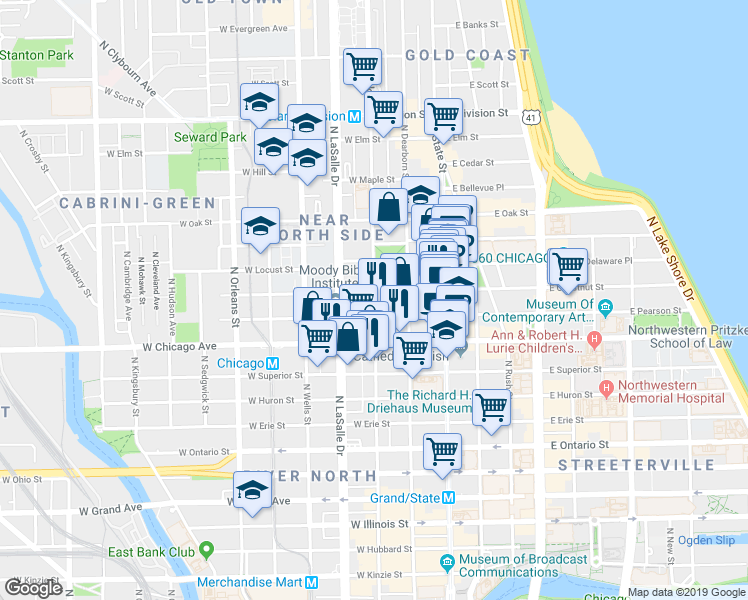 map of restaurants, bars, coffee shops, grocery stores, and more near 103 West Chestnut Street in Chicago