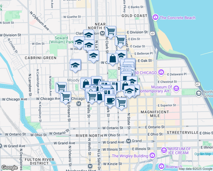 map of restaurants, bars, coffee shops, grocery stores, and more near 100 West Chestnut Street in Chicago