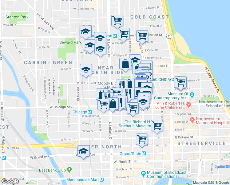 map of restaurants, bars, coffee shops, grocery stores, and more near 103 West Chestnut Street in Chicago