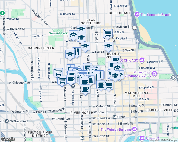 map of restaurants, bars, coffee shops, grocery stores, and more near 840 North LaSalle Drive in Chicago