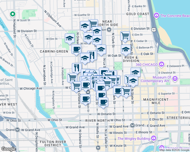map of restaurants, bars, coffee shops, grocery stores, and more near 820 North Wells Street in Chicago