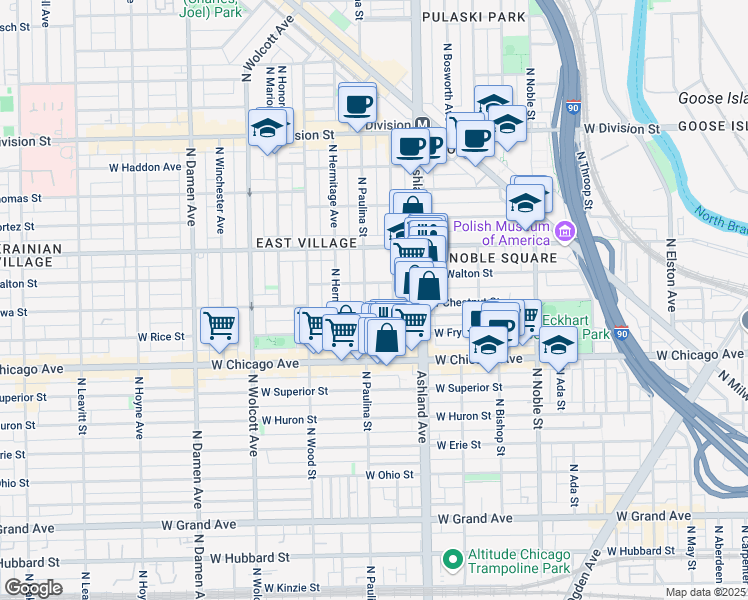 map of restaurants, bars, coffee shops, grocery stores, and more near 866 North Marshfield Avenue in Chicago
