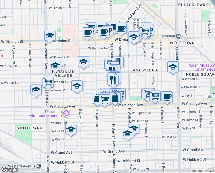 map of restaurants, bars, coffee shops, grocery stores, and more near 2022 West Iowa Street in Chicago