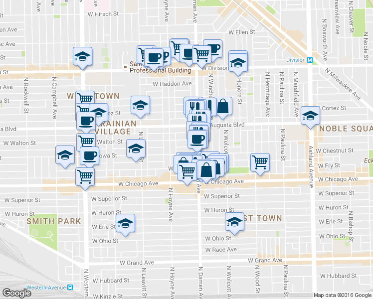 map of restaurants, bars, coffee shops, grocery stores, and more near 2024 West Iowa Street in Chicago