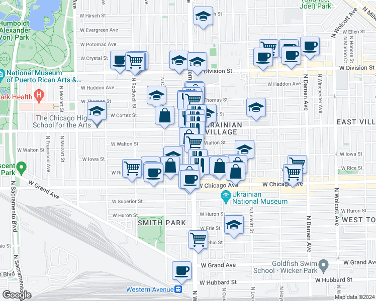 map of restaurants, bars, coffee shops, grocery stores, and more near 910 North Western Avenue in Chicago