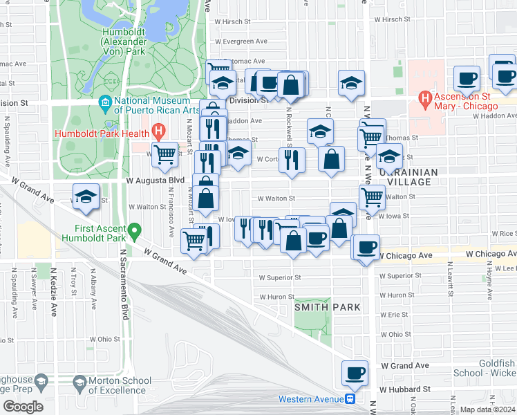 map of restaurants, bars, coffee shops, grocery stores, and more near 916 North Washtenaw Avenue in Chicago
