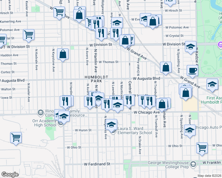 map of restaurants, bars, coffee shops, grocery stores, and more near 923 North Lawndale Avenue in Chicago
