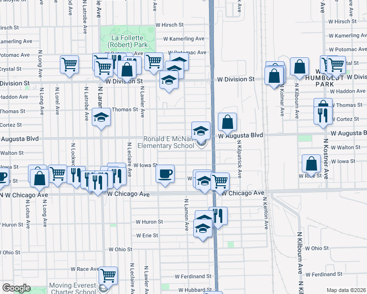 map of restaurants, bars, coffee shops, grocery stores, and more near 934 North Lamon Avenue in Chicago