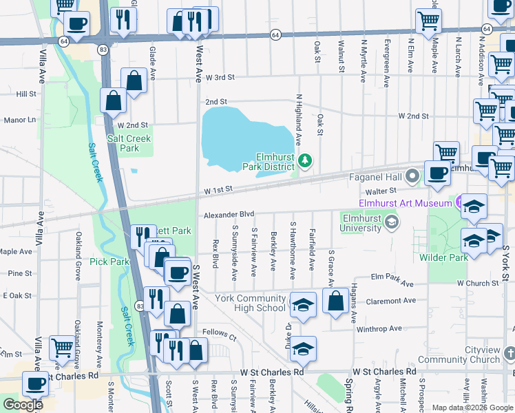 map of restaurants, bars, coffee shops, grocery stores, and more near 435 Alexander Boulevard in Elmhurst