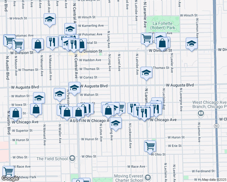 map of restaurants, bars, coffee shops, grocery stores, and more near 943 N Long Ave in Chicago