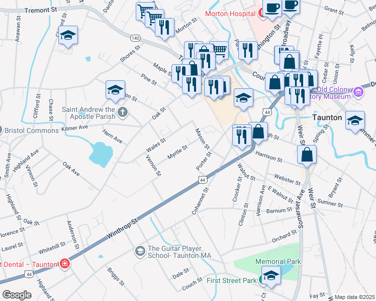 map of restaurants, bars, coffee shops, grocery stores, and more near 14 Myrtle Street in Taunton