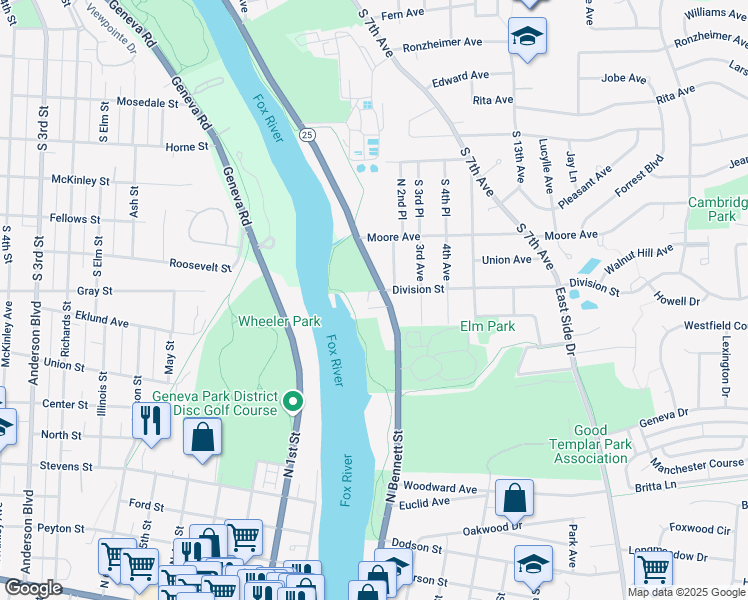 map of restaurants, bars, coffee shops, grocery stores, and more near 860 North Bennett Street in Geneva