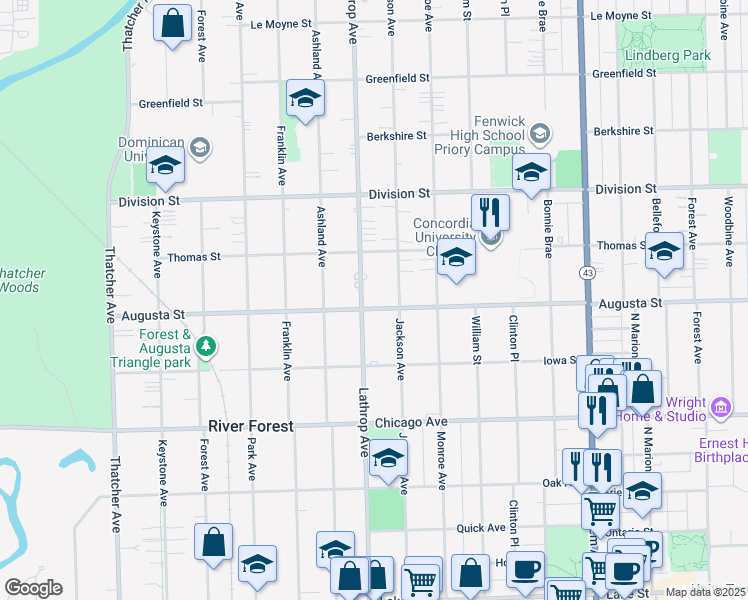 map of restaurants, bars, coffee shops, grocery stores, and more near 1003 Lathrop Avenue in River Forest