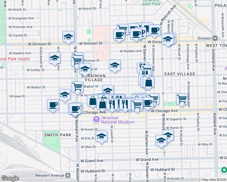 map of restaurants, bars, coffee shops, grocery stores, and more near 909 North Leavitt Street in Chicago