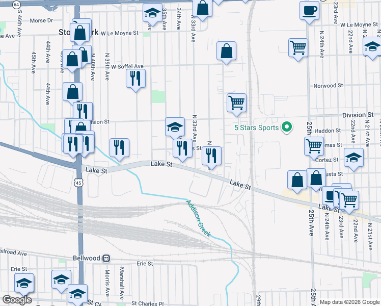 map of restaurants, bars, coffee shops, grocery stores, and more near 1221 34th Avenue in Melrose Park