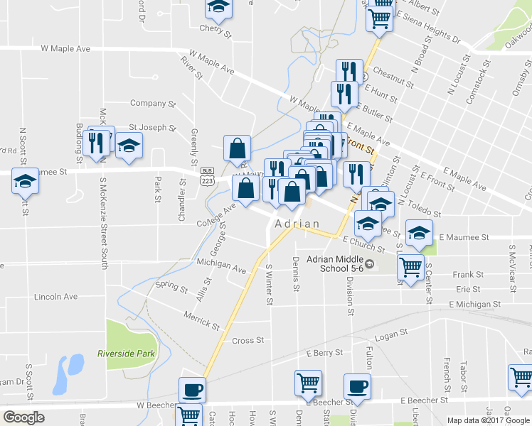map of restaurants, bars, coffee shops, grocery stores, and more near 218 West Church Street in Adrian