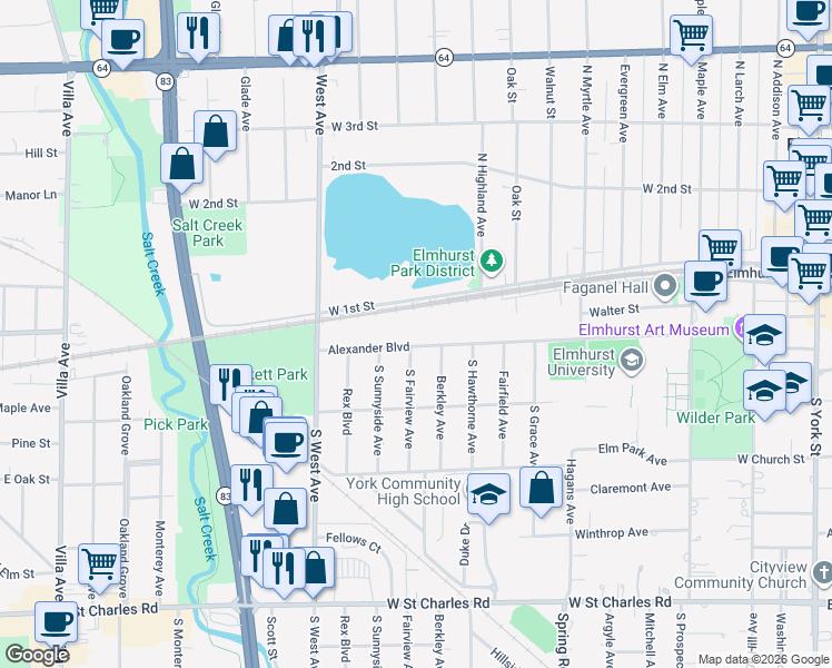 map of restaurants, bars, coffee shops, grocery stores, and more near 435 Alexander Boulevard in Elmhurst