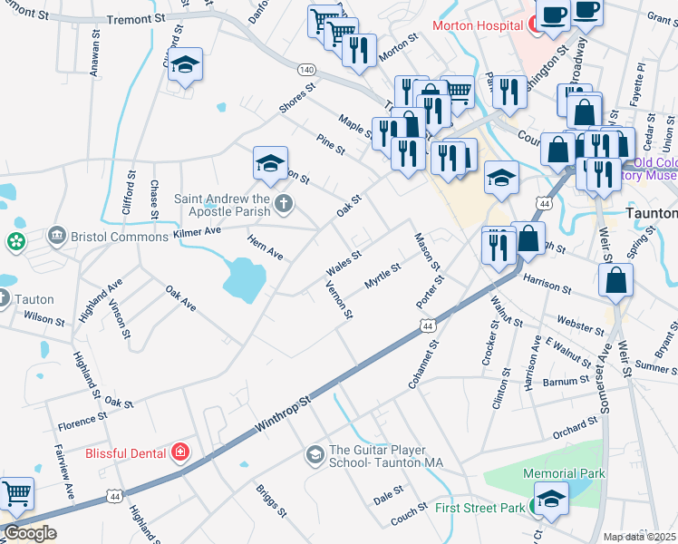 map of restaurants, bars, coffee shops, grocery stores, and more near 72 Wales Street in Taunton