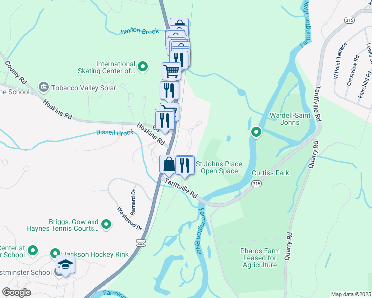map of restaurants, bars, coffee shops, grocery stores, and more near 20 Simsbury Landing in Simsbury