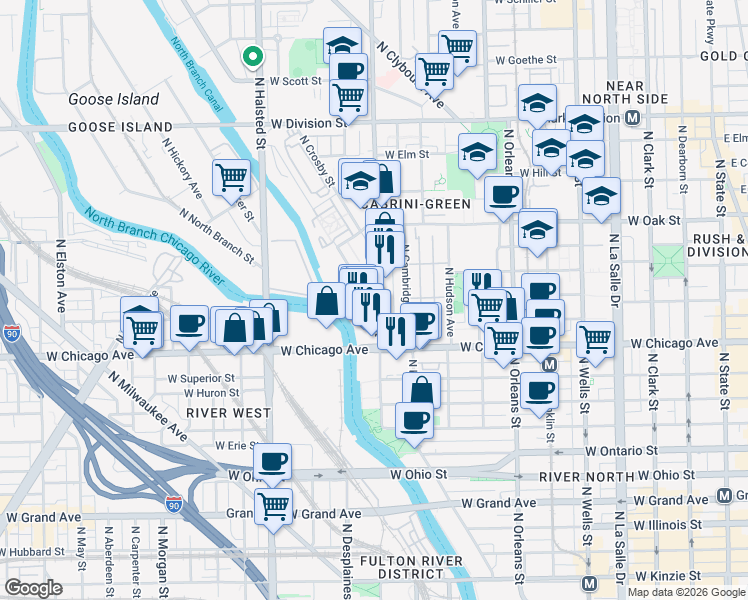 map of restaurants, bars, coffee shops, grocery stores, and more near 848 North Larrabee Street in Chicago