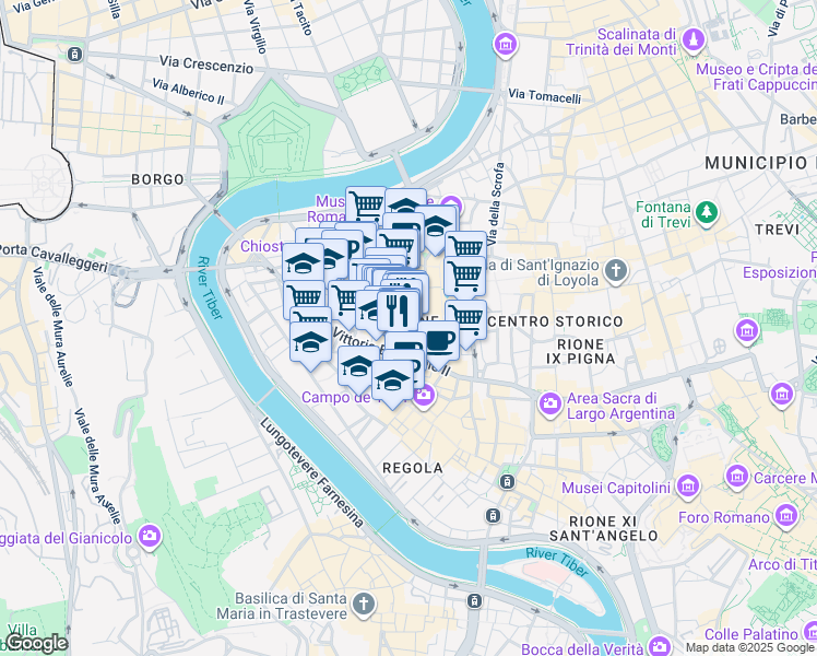 map of restaurants, bars, coffee shops, grocery stores, and more near 91 Via del Governo Vecchio in Rome