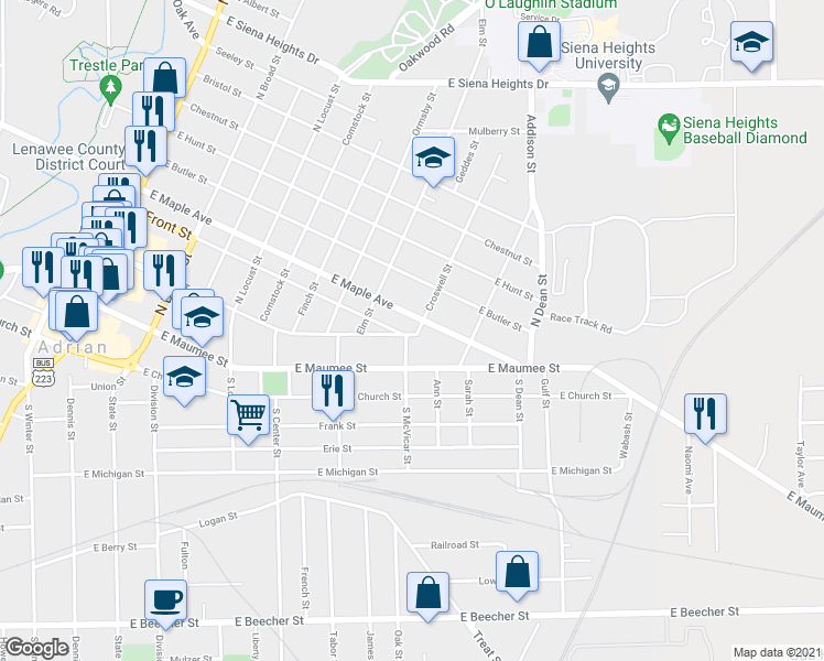 map of restaurants, bars, coffee shops, grocery stores, and more near 917 Croswell Street in Adrian