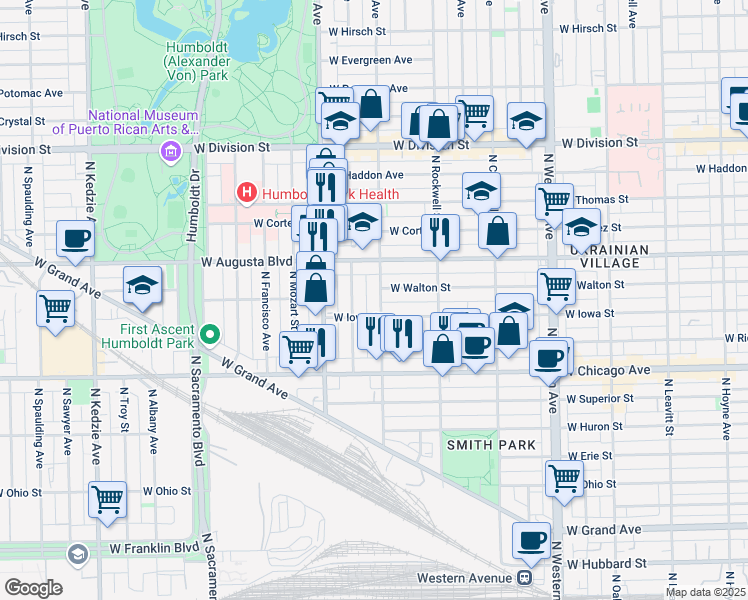 map of restaurants, bars, coffee shops, grocery stores, and more near 916 North Washtenaw Avenue in Chicago