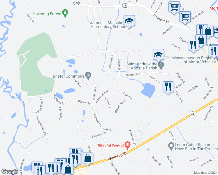 map of restaurants, bars, coffee shops, grocery stores, and more near 55 Highland Avenue in Taunton