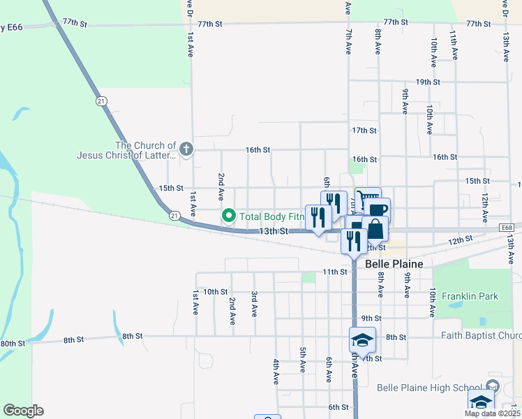 map of restaurants, bars, coffee shops, grocery stores, and more near 349 14th Street in Belle Plaine