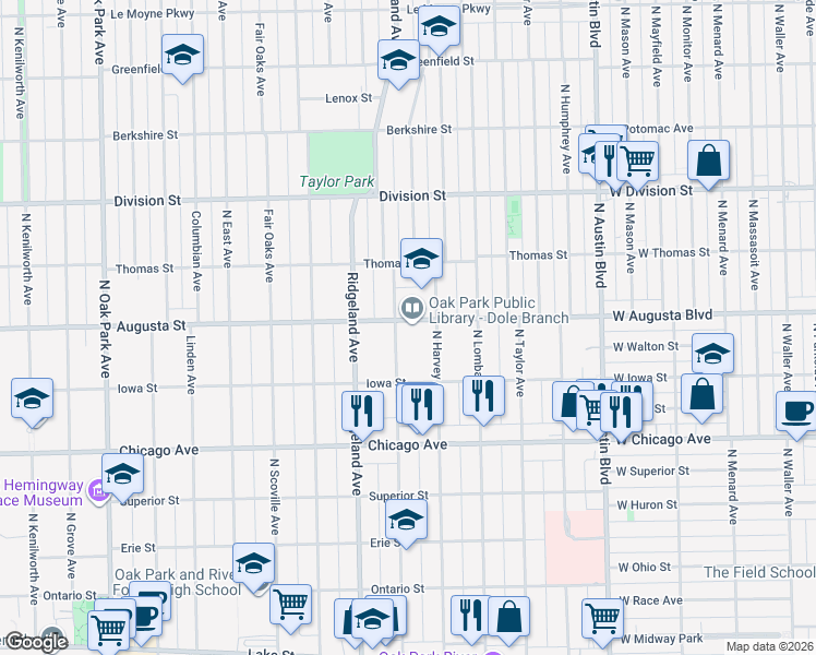 map of restaurants, bars, coffee shops, grocery stores, and more near 255 North Cuyler Avenue in Oak Park