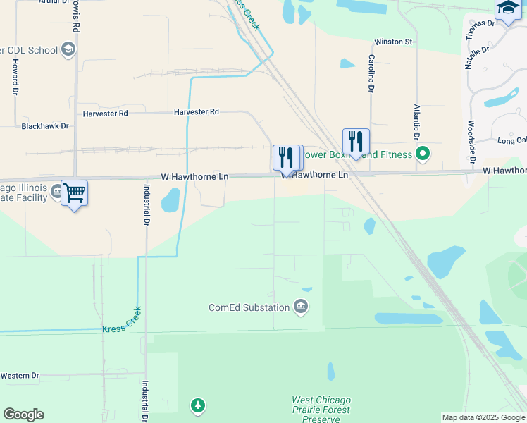 map of restaurants, bars, coffee shops, grocery stores, and more near 1N714 Mac Queen Drive in West Chicago