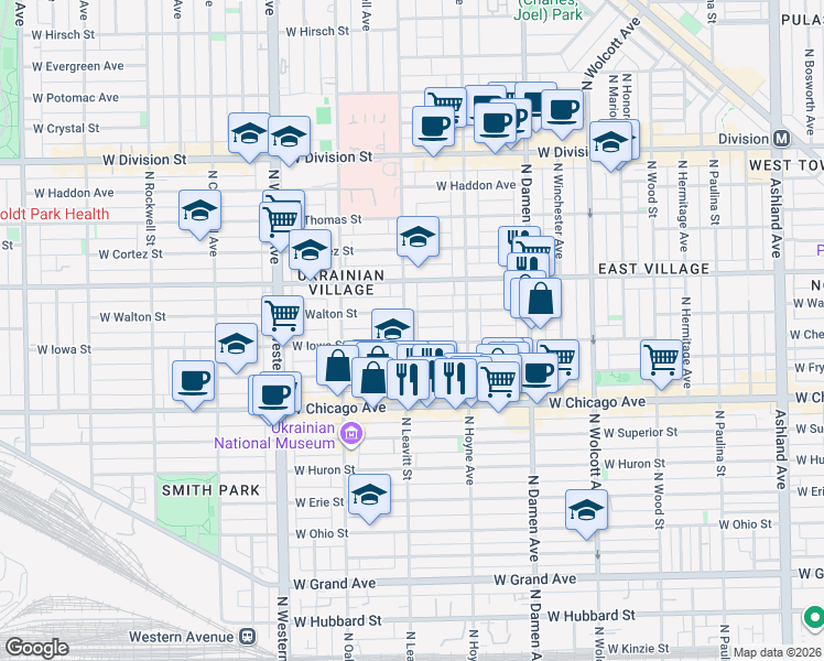 map of restaurants, bars, coffee shops, grocery stores, and more near 909 North Leavitt Street in Chicago