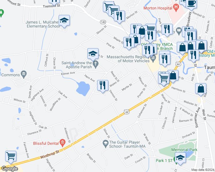 map of restaurants, bars, coffee shops, grocery stores, and more near 67 Wales Street in Taunton