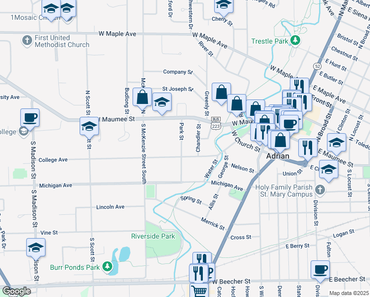 map of restaurants, bars, coffee shops, grocery stores, and more near 173 Park Street in Adrian