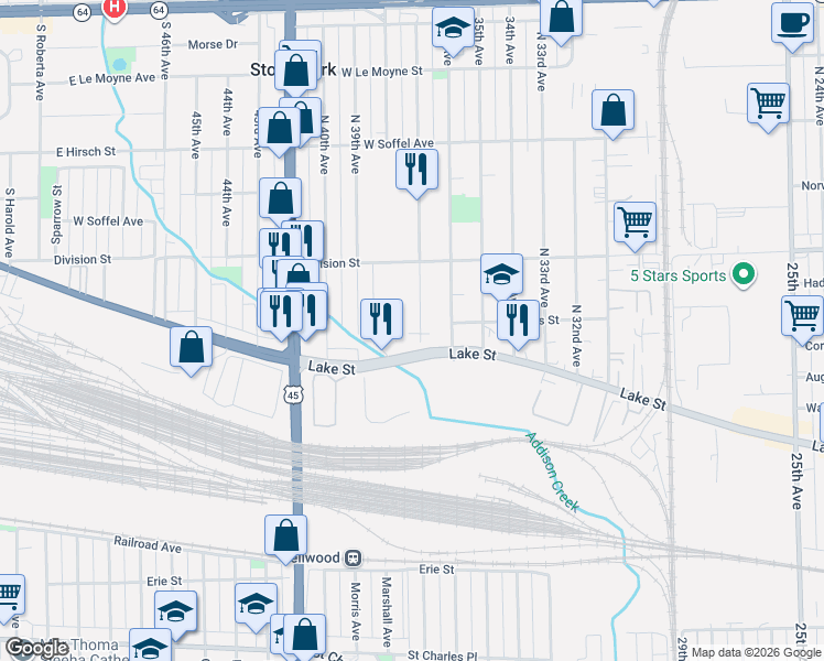 map of restaurants, bars, coffee shops, grocery stores, and more near 1218 North 37th Avenue in Melrose Park
