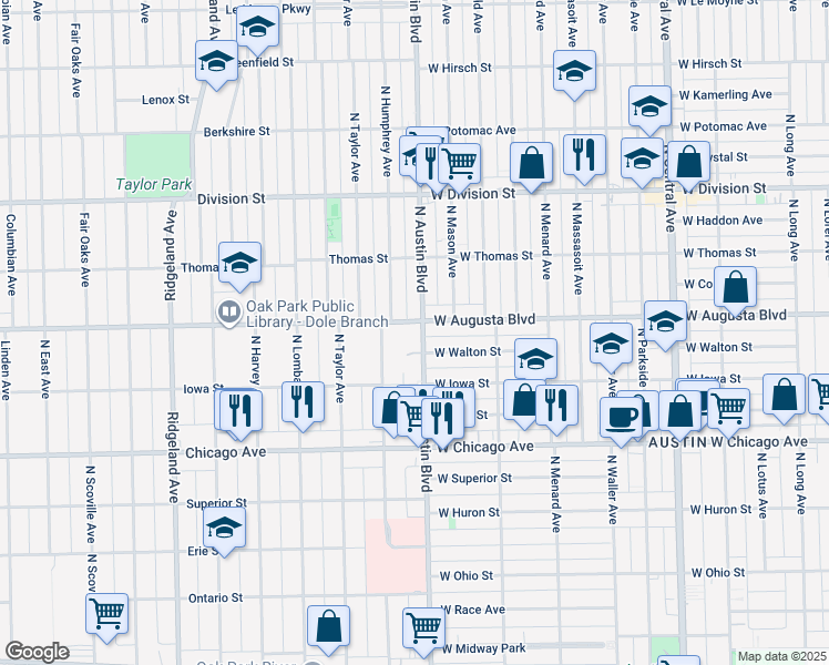 map of restaurants, bars, coffee shops, grocery stores, and more near 942 North Austin Boulevard in Oak Park