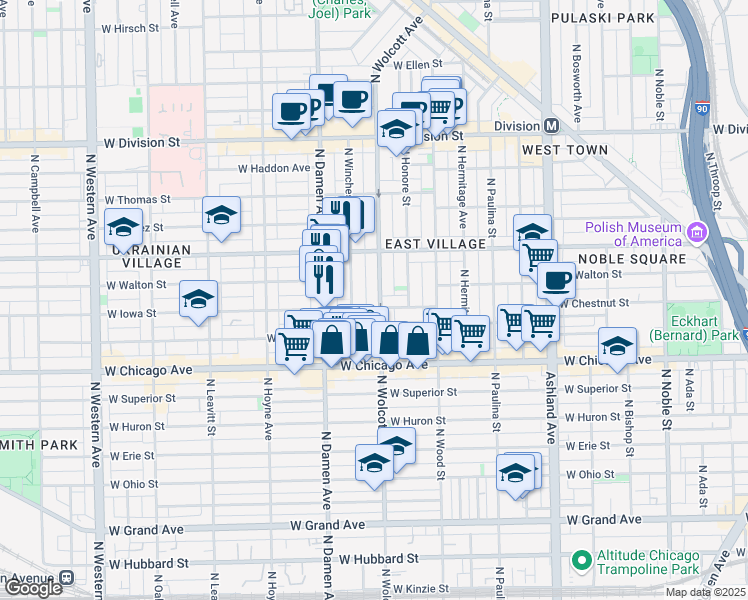 map of restaurants, bars, coffee shops, grocery stores, and more near 904 North Wolcott Avenue in Chicago