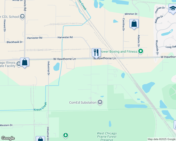 map of restaurants, bars, coffee shops, grocery stores, and more near 1N714 Mac Queen Drive in West Chicago