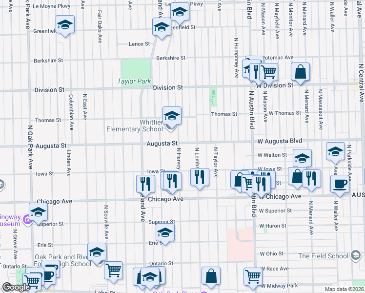 map of restaurants, bars, coffee shops, grocery stores, and more near 642 North Harvey Avenue in Oak Park