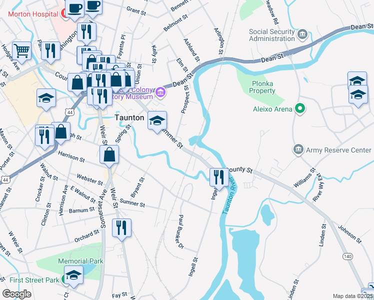 map of restaurants, bars, coffee shops, grocery stores, and more near 88 Summer Street in Taunton