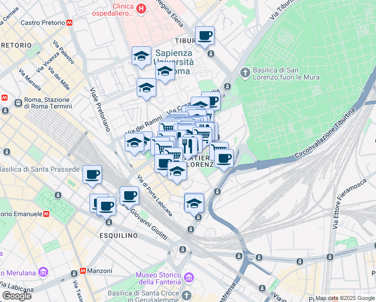 map of restaurants, bars, coffee shops, grocery stores, and more near 35 Via dei Sardi in Roma
