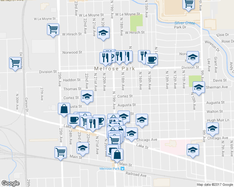 map of restaurants, bars, coffee shops, grocery stores, and more near 1205 North 19th Avenue in Melrose Park