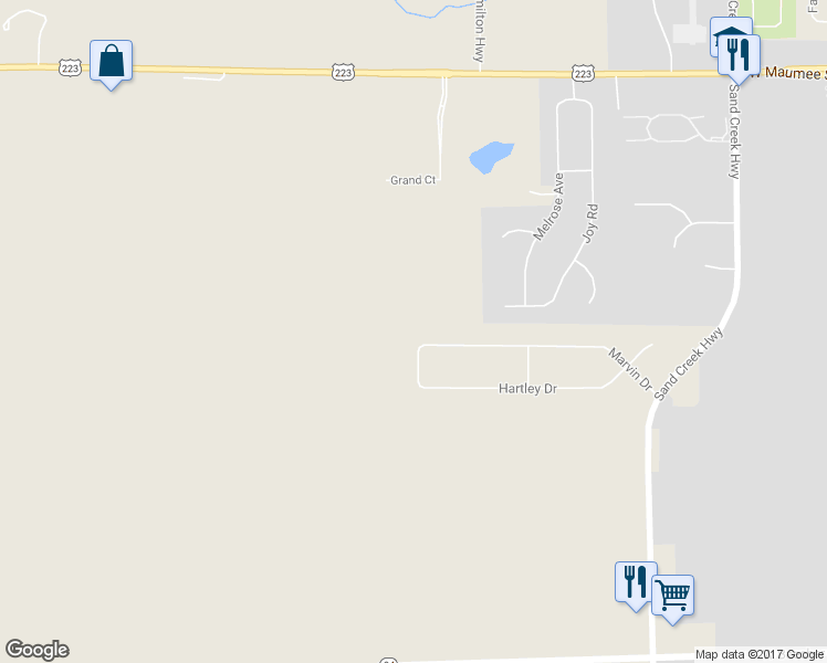 map of restaurants, bars, coffee shops, grocery stores, and more near 3430 Marvin Drive in Adrian