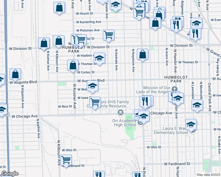 map of restaurants, bars, coffee shops, grocery stores, and more near 931 North Keeler Avenue in Chicago